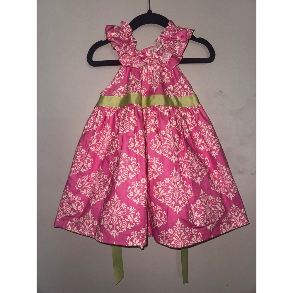 Peaches n Cream Pink Damask Ruffle Halter Dress Green Ribbon Girls 24M